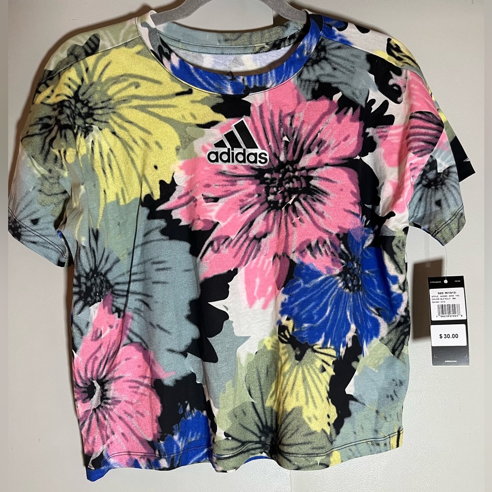 NWT Adidas Girl’s Crop Loose Fit Floral T-Shirt; Never worn/used; Size M (10-12)